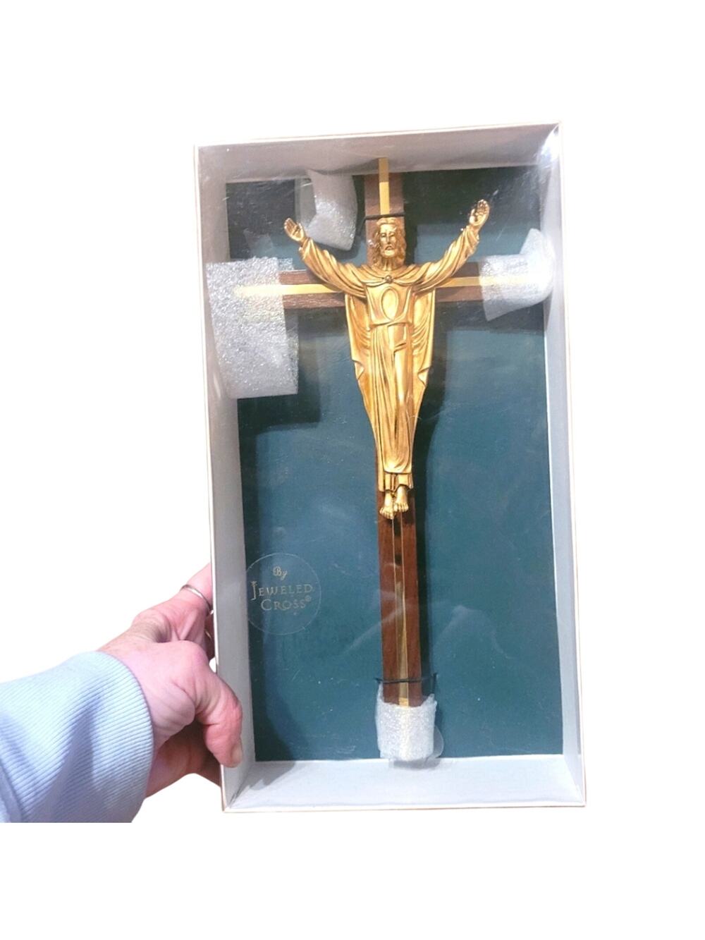 Jeweled Cross Walnut Crucifix With Gold Inlay And Risen Christ Corpus NIB Jesus